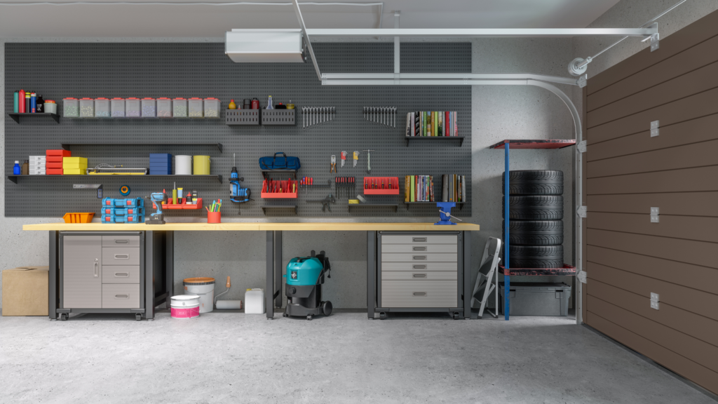 A well-organized garage in Minnesota with neatly arranged tools and supplies on shelves and a workbench against the wall, and a stack of tires in the corner.