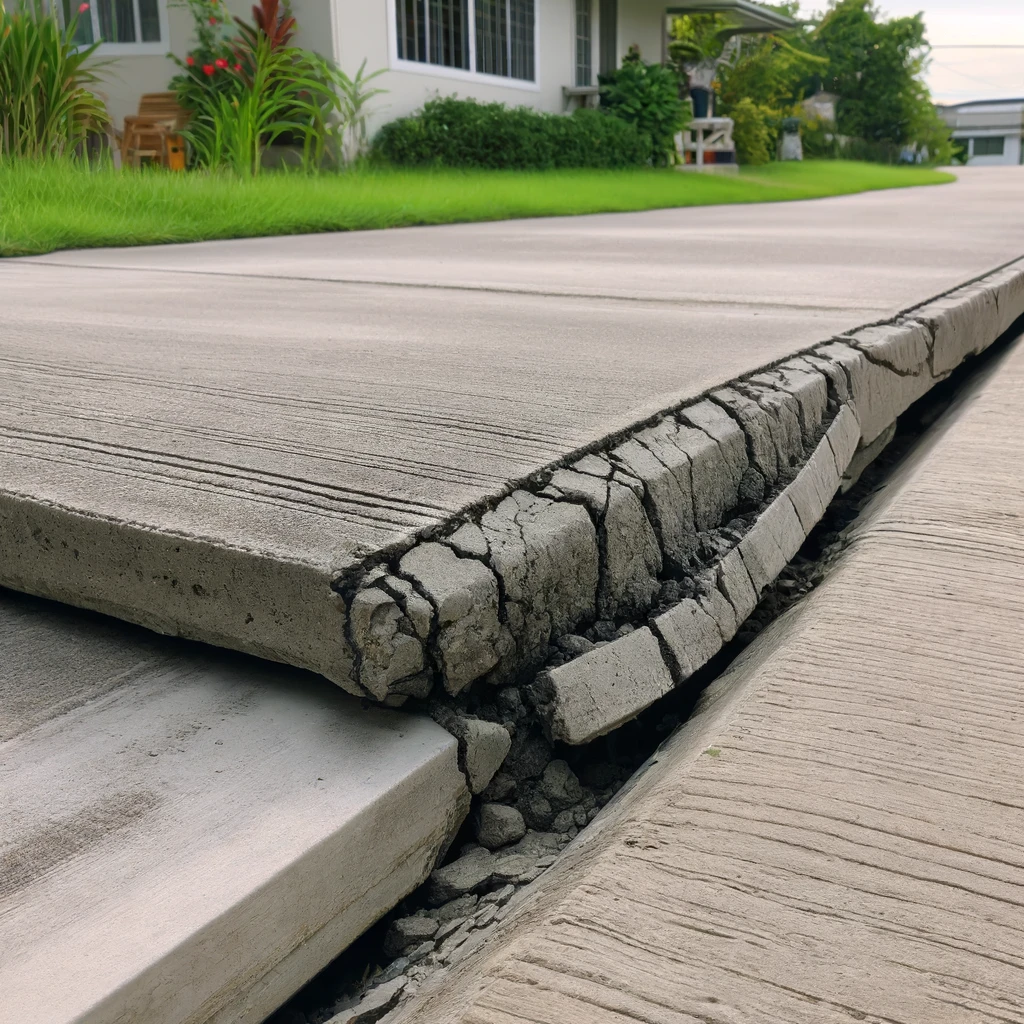 Uneven concrete sidewalk in Minnesota with visible signs of wear and damage, including jutting edges and cracks, in a residential area.